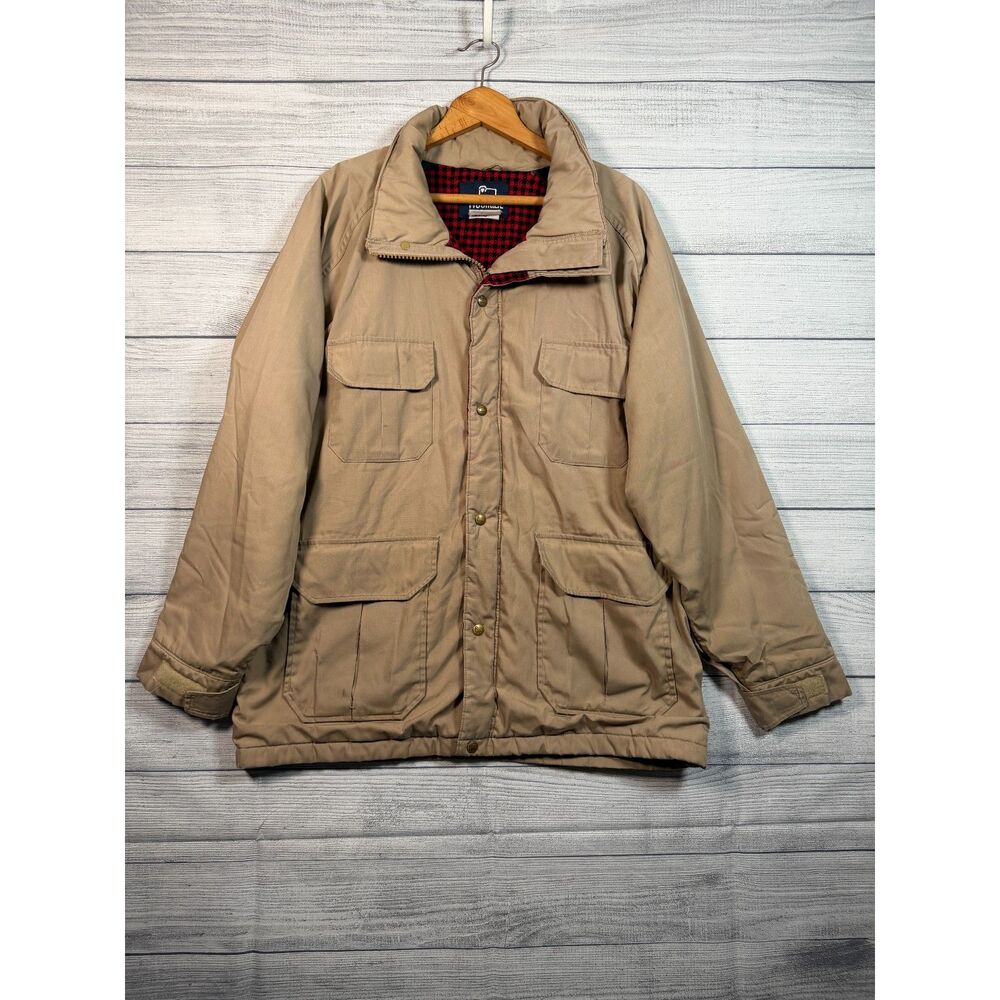 Vintage Woolrich Men's L Tan Plaid Lined 4 Pocket Field Jacket USA Bin B